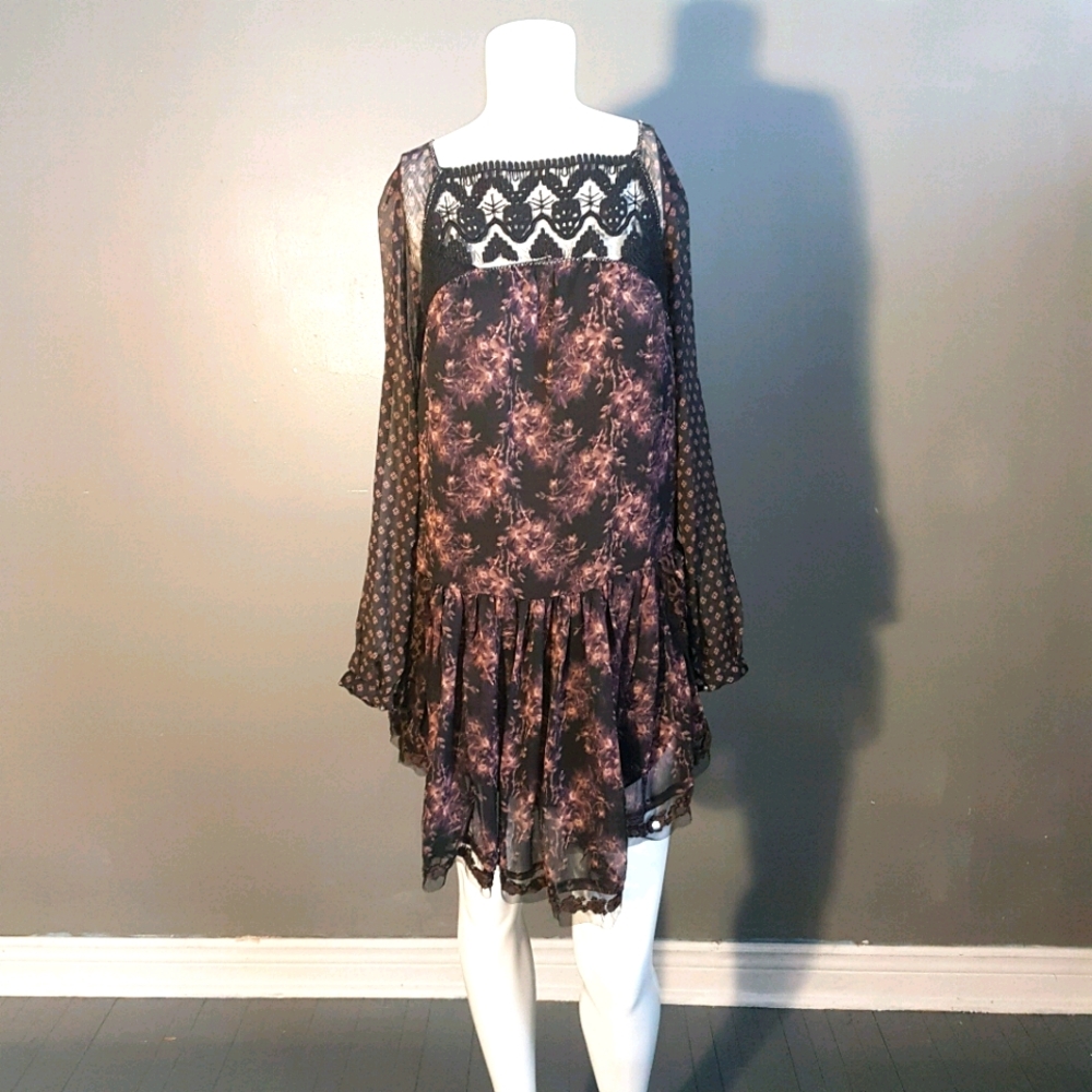 Free People Black and Purple Long Sleeve Dress